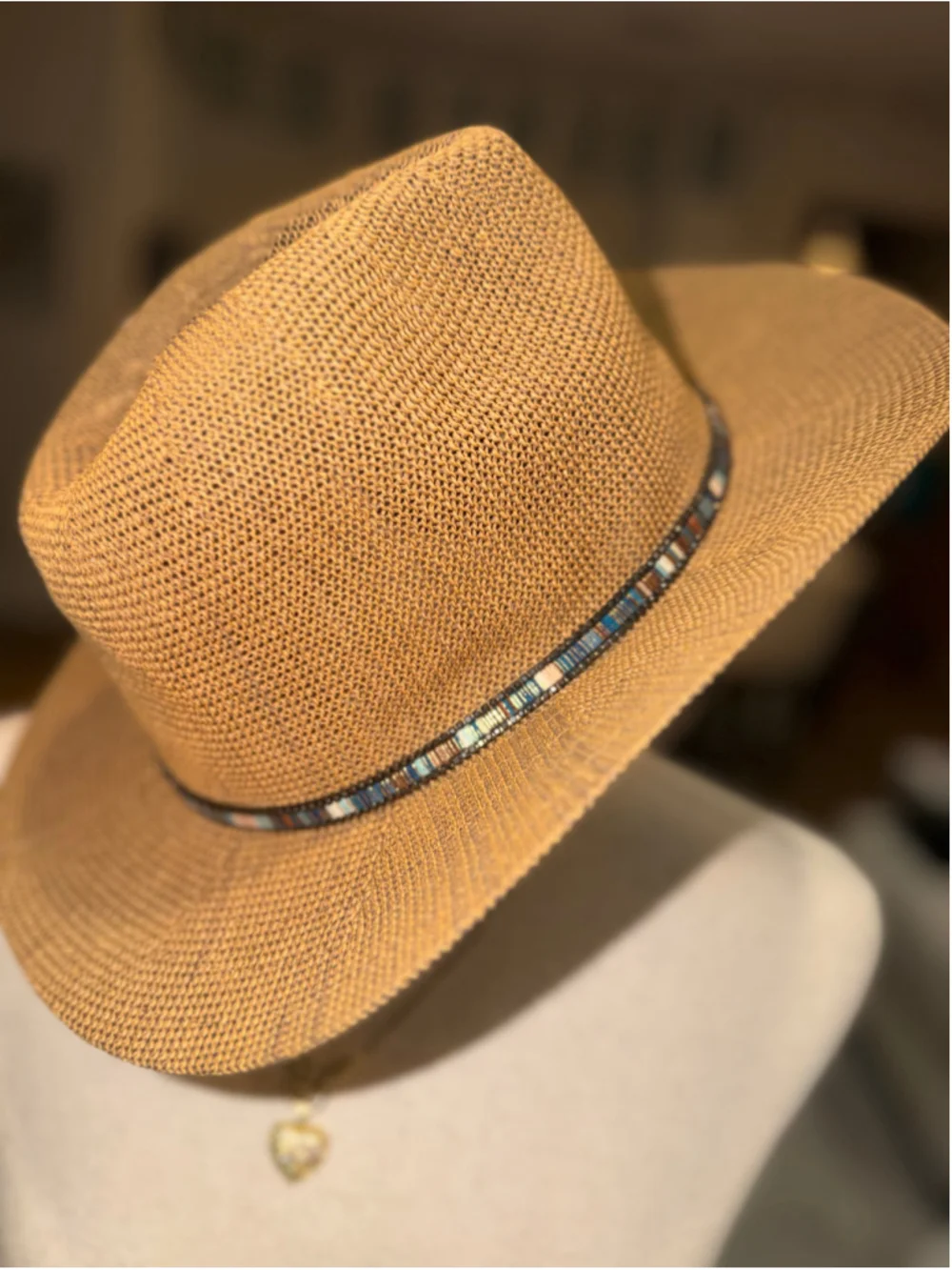Women's Unbranded Brown Straw Hat with Multicolor Beaded Band, One Size